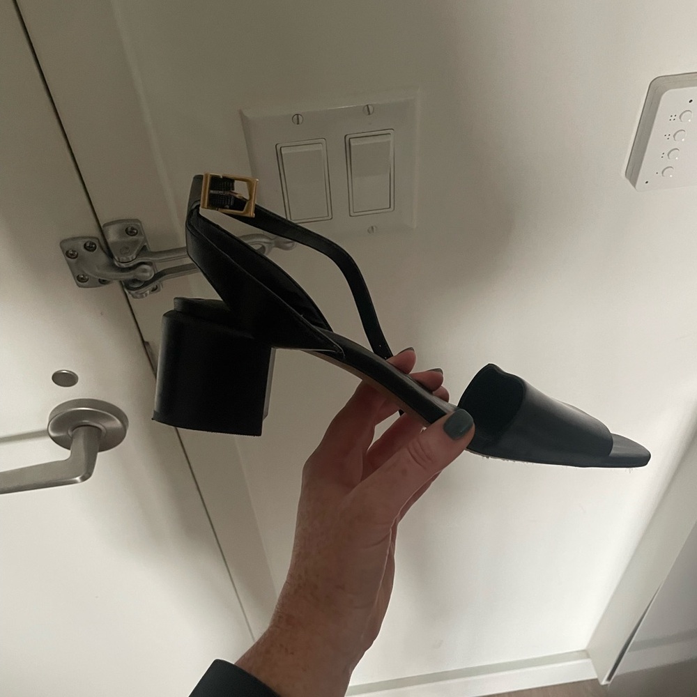 Vince Camuto Black Block Heel Sandals with Gold Buckle